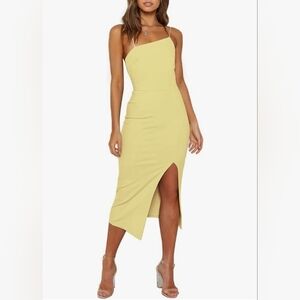 LYANER Spaghetti Straps Split Hem Sleeveless Zipper Bodycon Midi Dress